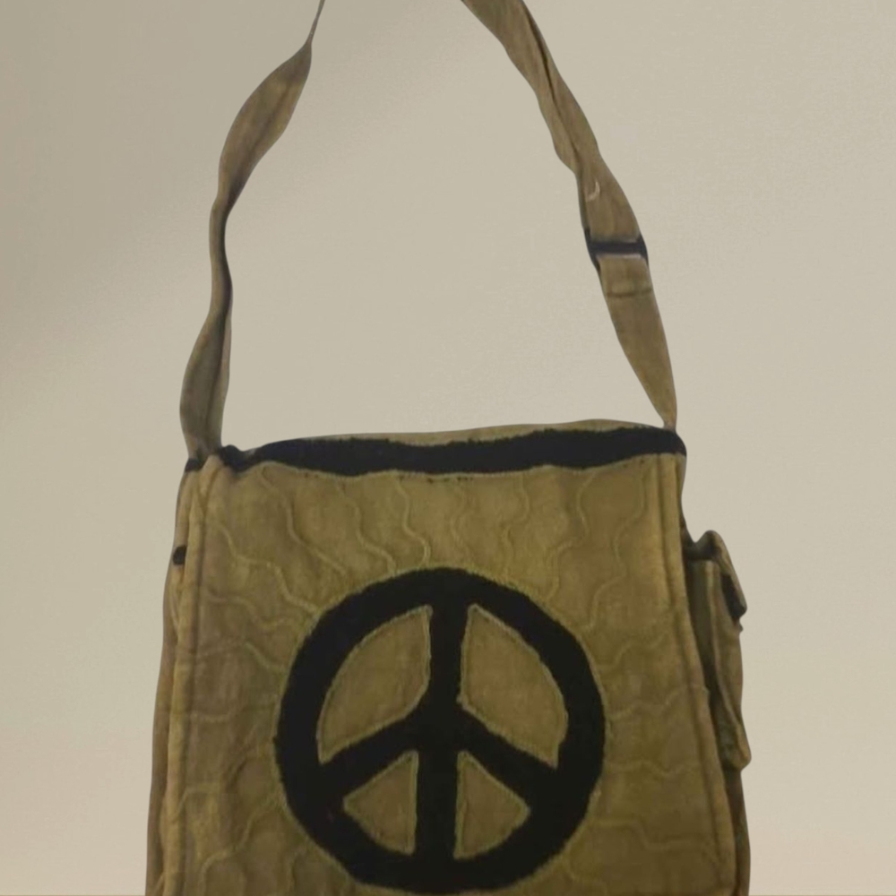 Tan Quilted Peace Sign Shoulder Bag